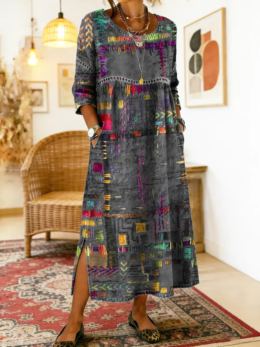 Women's Abstract Print Side Split Midi Dress in Grey
