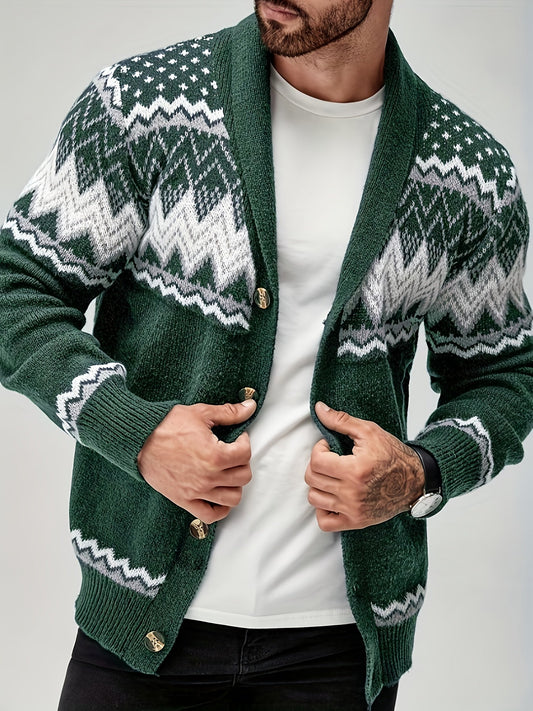 Men's Geometric Button Front Chunky Knit Cardigan in Green