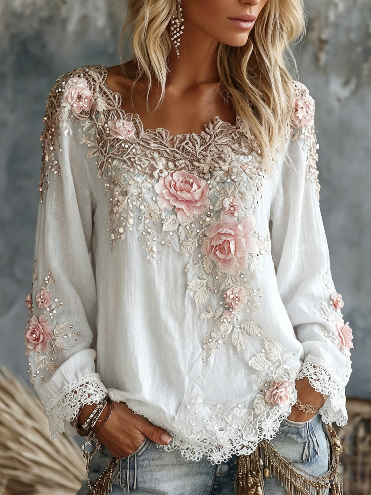 Women's Crew Neck Floral T Shirt in White