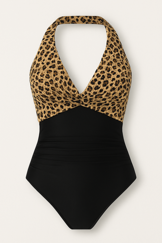 Women's Leopard Print Halter Neck Tummy Control One Piece Swimsuit in Leopard/Black