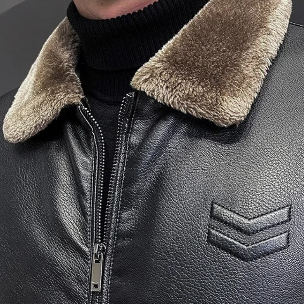 Men's Fleece Lined Fur Collar Faux Leather Jacket
