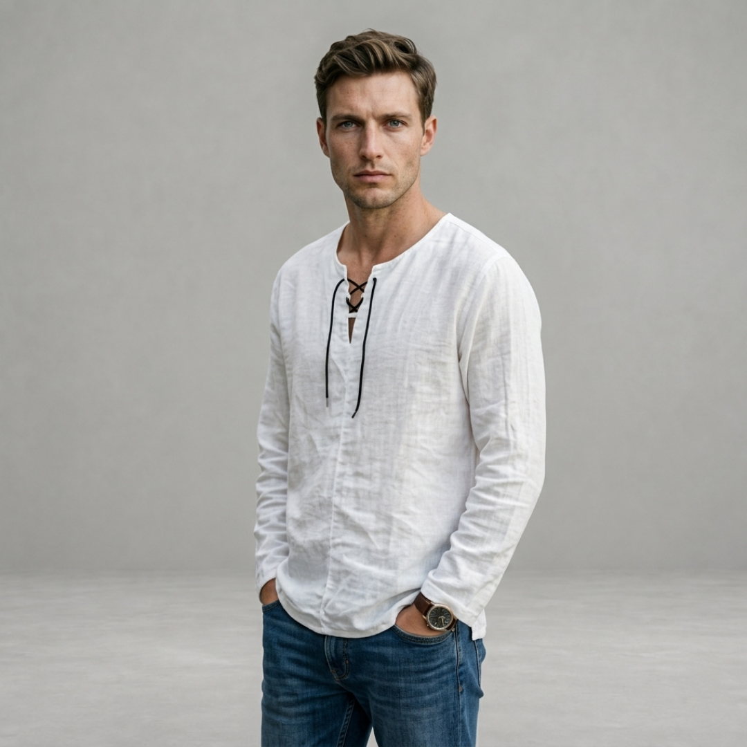 Men's Relaxed Fit Long Sleeve Lace Up Textured Shirt in White