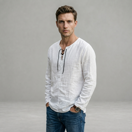 Men's Relaxed Fit Long Sleeve Lace Up Textured Shirt in White