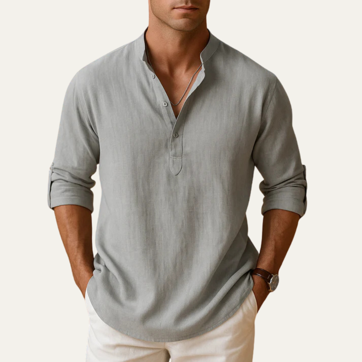 Men's Grandad Collar Roll Up Sleeve Shirt in Grey