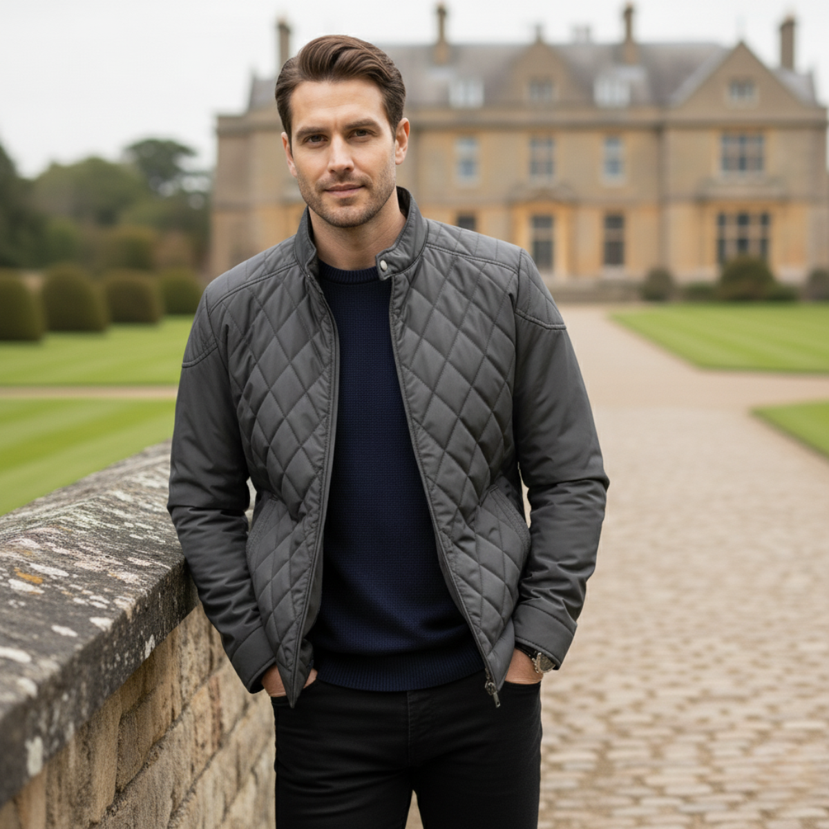 Men's Zip Detail Stand Collar Quilted Jacket
