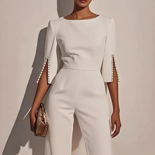Women's Wide Leg Pearl Detail Jumpsuit in White