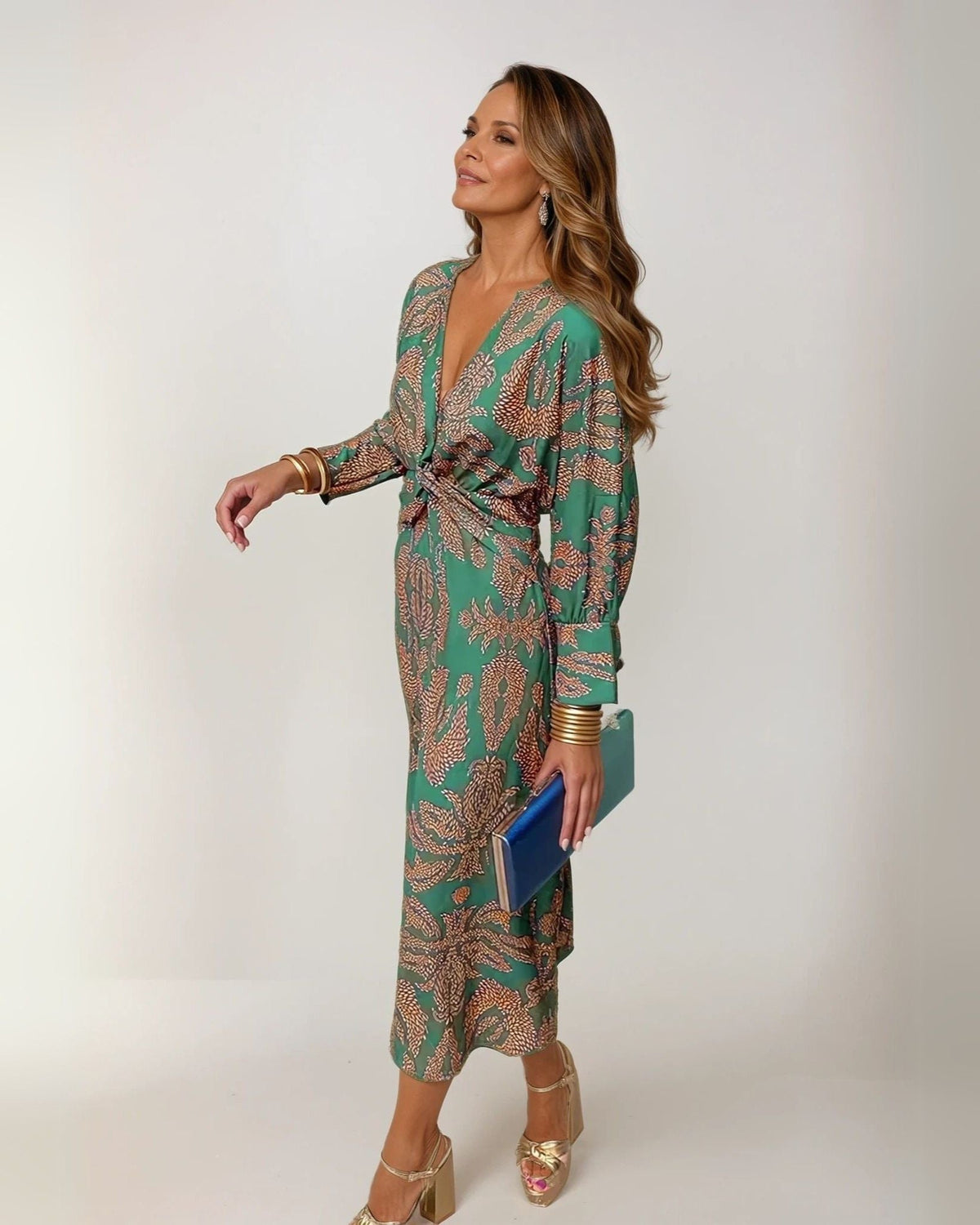Women's Blue Belted Wedding Guest Dress in Green