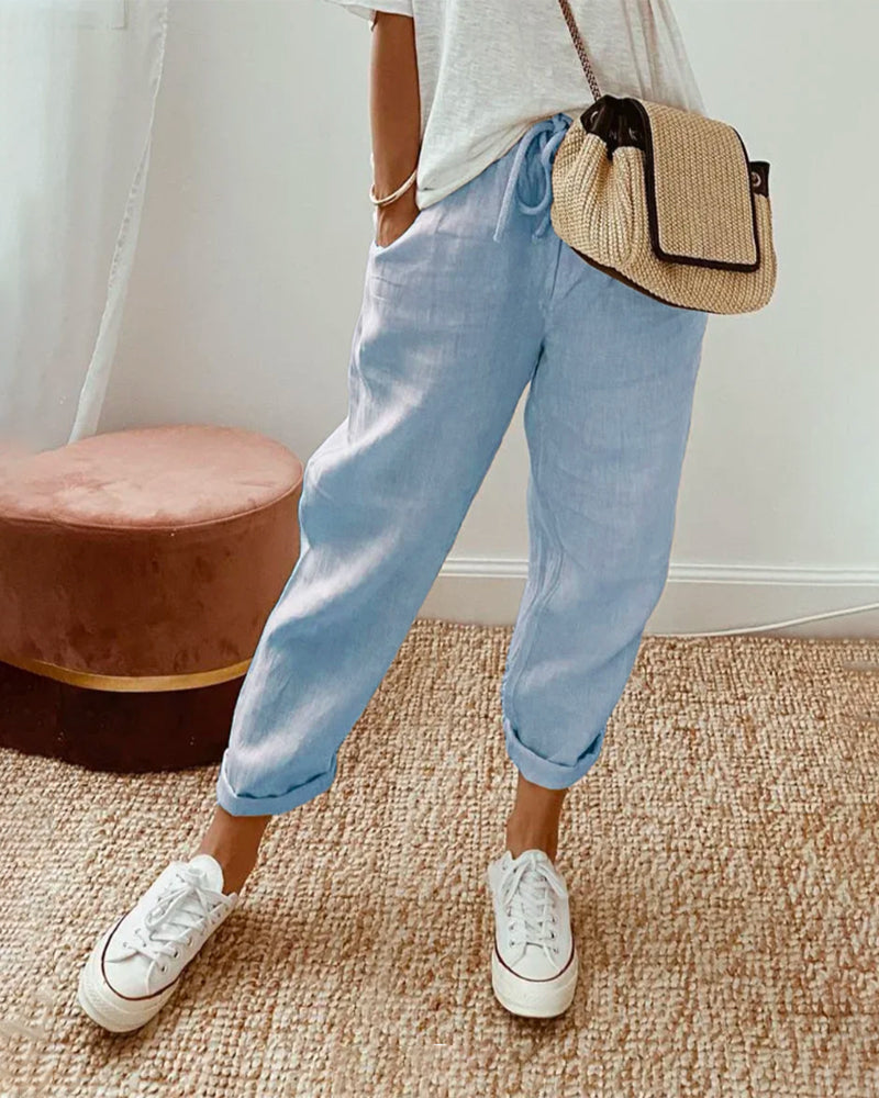 Women's Drawstring Cuffed Tapered Trousers in Blue