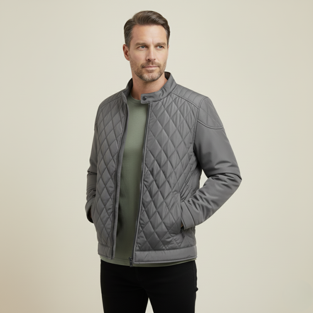 Men's Zip Detail Stand Collar Quilted Jacket in Grey