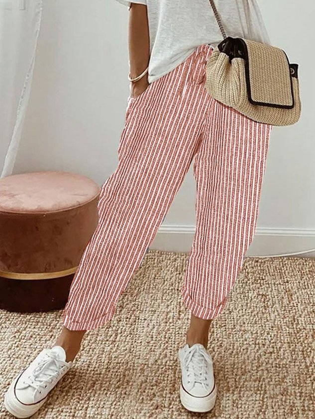 Women's Drawstring Cuffed Tapered Trousers in Red (Striped)