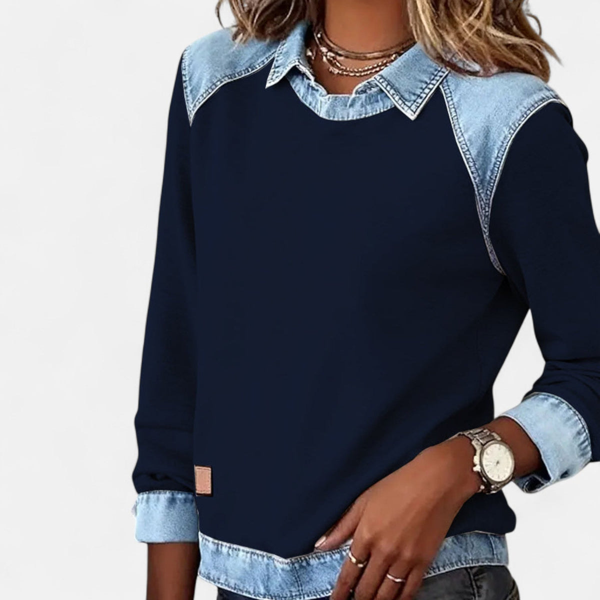 Women's Denim Collar Contrast Trim Sweatshirt view 8