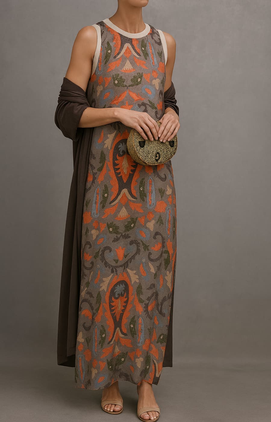 Women's Paisley Print Cold Shoulder Kaftan Midi Dress in Coffee