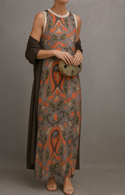 Women's Paisley Print Cold Shoulder Kaftan Midi Dress in Coffee