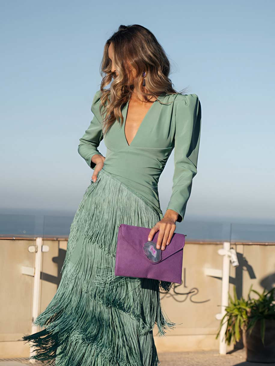 Women's Fringed V Neck Long Sleeve Maxi Dress view 8
