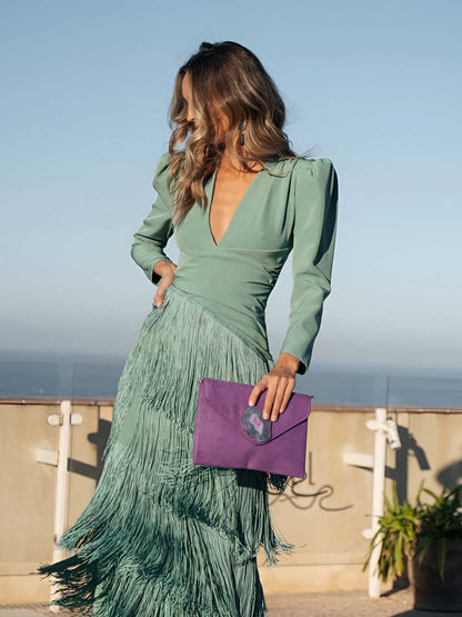 Women's Fringed V Neck Long Sleeve Maxi Dress view 8