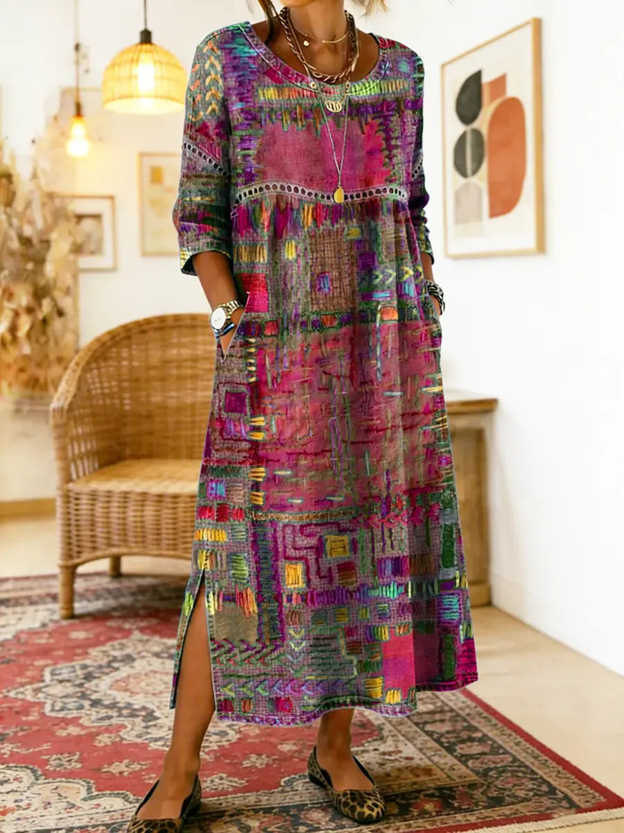 Women's Abstract Print Side Split Midi Dress in Pink