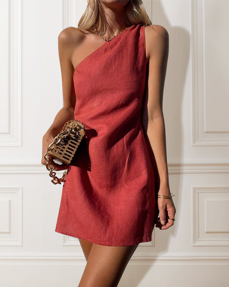 Women's One Shoulder Party Mini Dress in Red