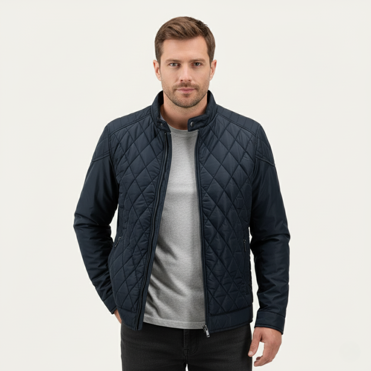 Men's Zip Detail Stand Collar Quilted Jacket in Dark Blue