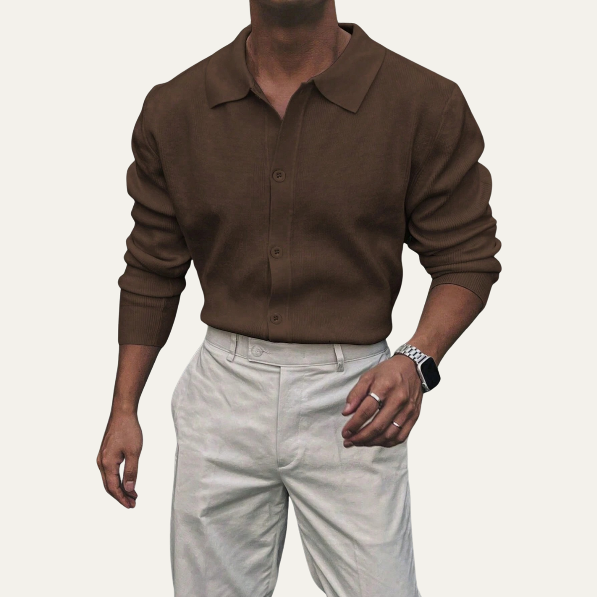 Men's Knitted Long Sleeve Button Front Polo Shirt view 6