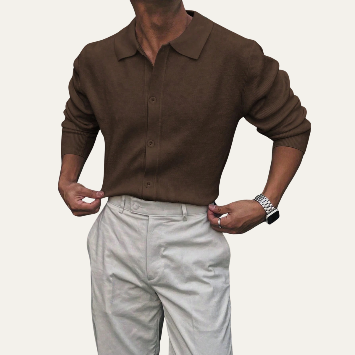 Men's Knitted Long Sleeve Button Front Polo Shirt view 8