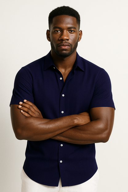 Men's Light Blue Short Sleeve Shirt in Dark Blue