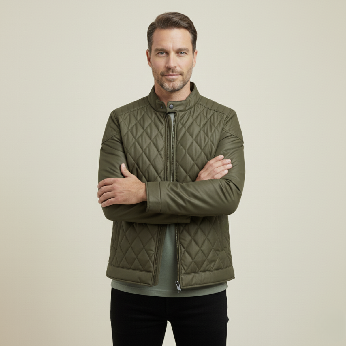 Men's Zip Detail Stand Collar Quilted Jacket in Military Green