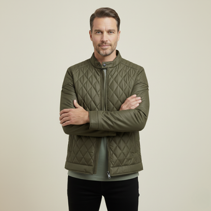 Men's Zip Detail Stand Collar Quilted Jacket in Military Green
