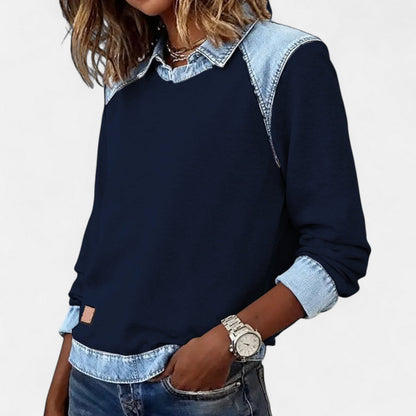 Women's Denim Collar Contrast Trim Sweatshirt view 7