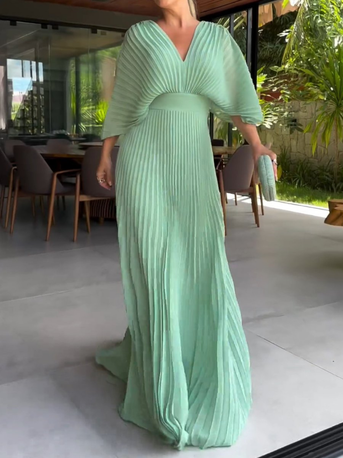 Women's Light Blue Pleated Maxi Dress in Green