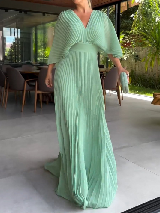 Women's Light Blue Pleated Maxi Dress in Green