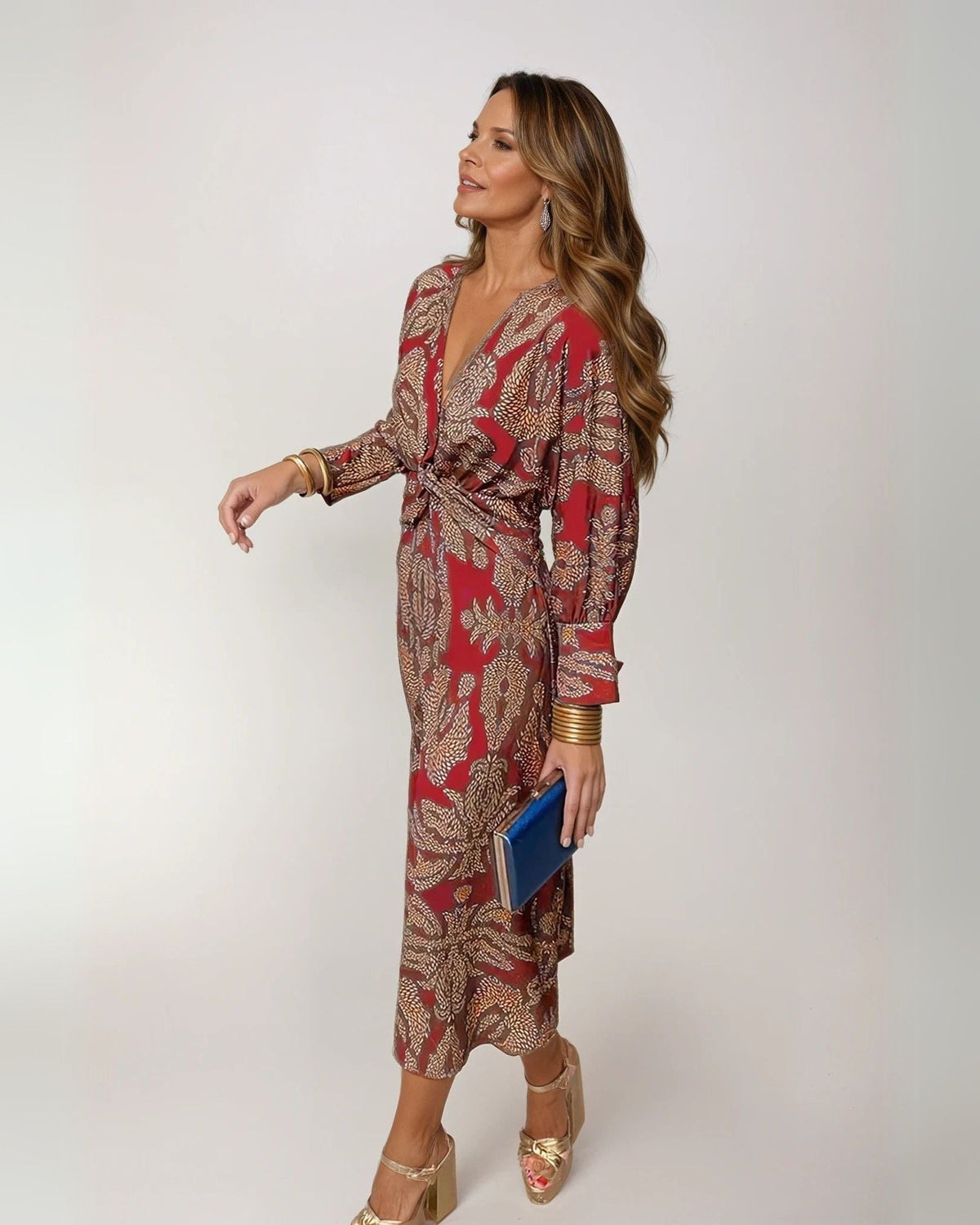 Women's Blue Belted Wedding Guest Dress in Red