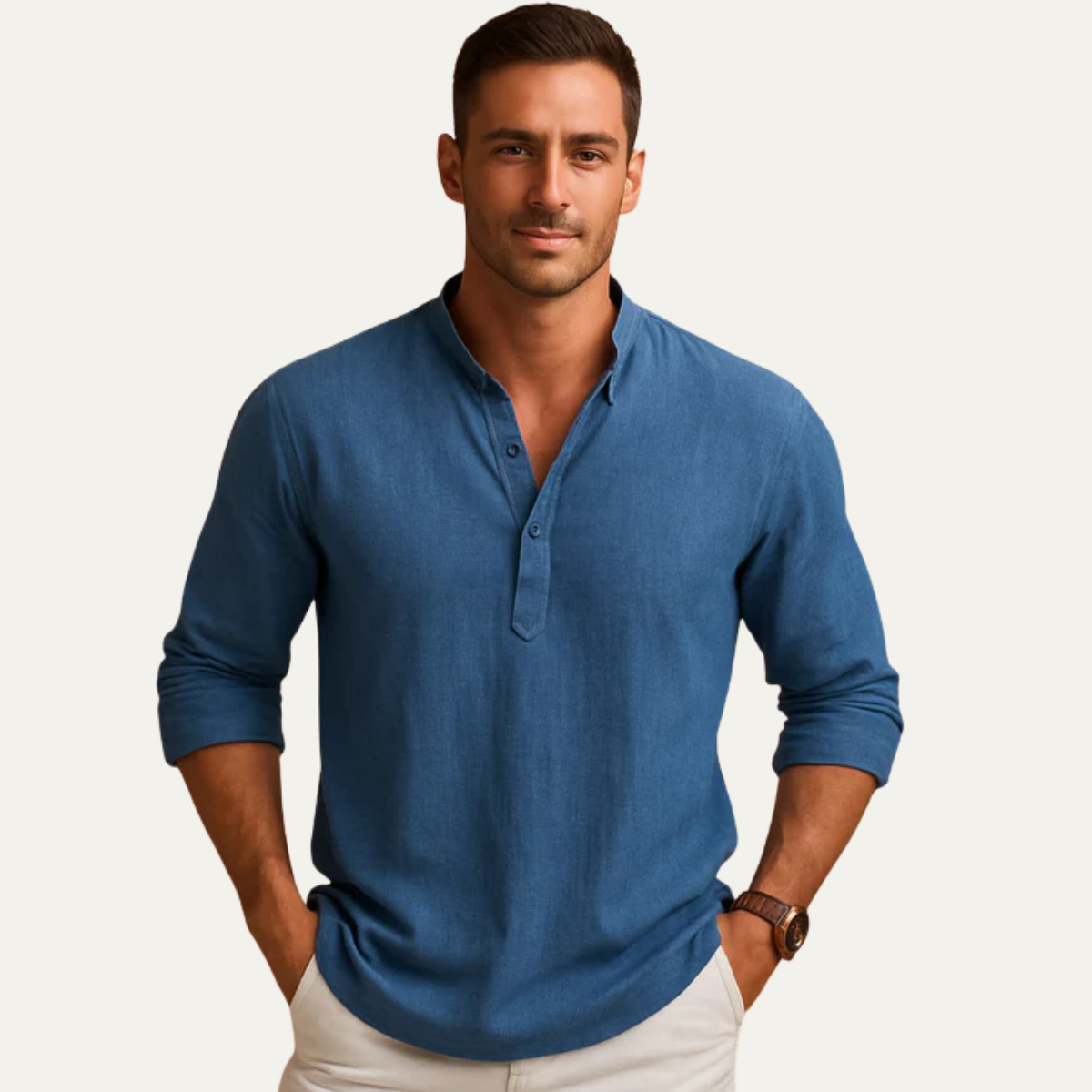 Men's Grandad Collar Roll Up Sleeve Shirt in Blue