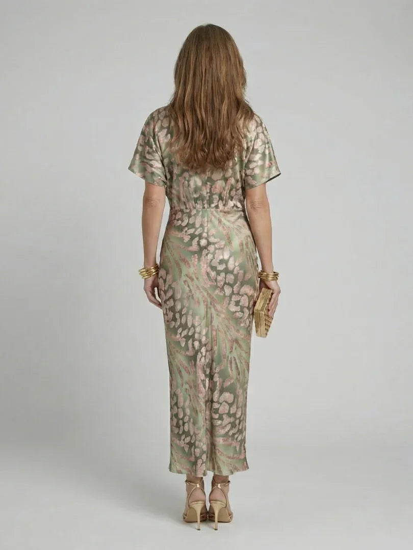 Women's Green Flutter Sleeve Wrap Front Maxi Dress