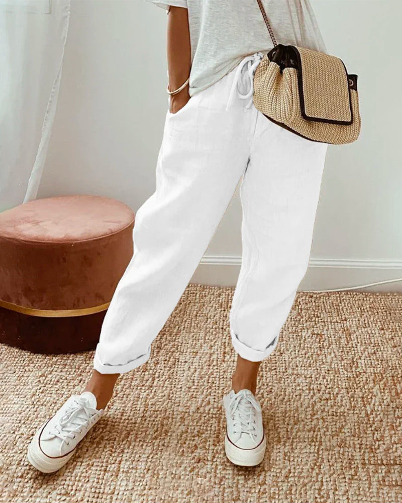 Women's Drawstring Cuffed Tapered Trousers in White