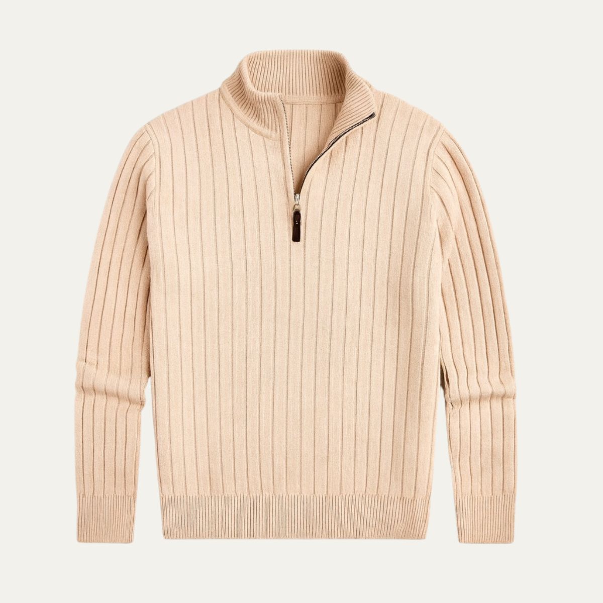 Men's Ribbed Quarter Zip Knitted Jumper in Beige