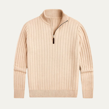 Men's Ribbed Quarter Zip Knitted Jumper in Beige