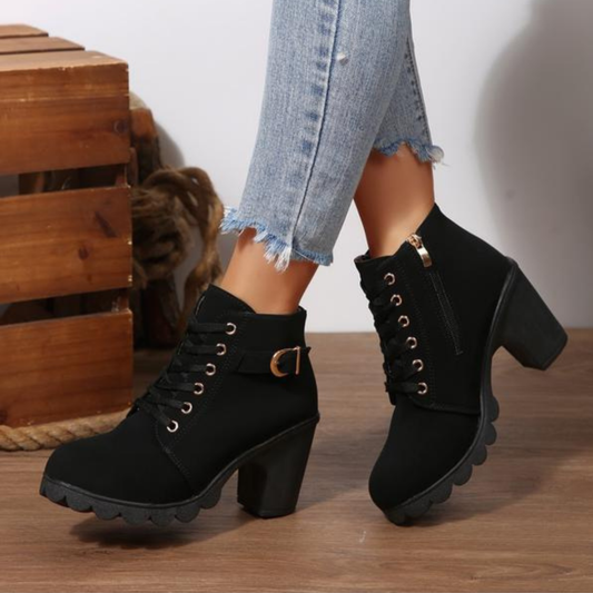 Women's Lace Up Buckle Chunky Heel Ankle Boots