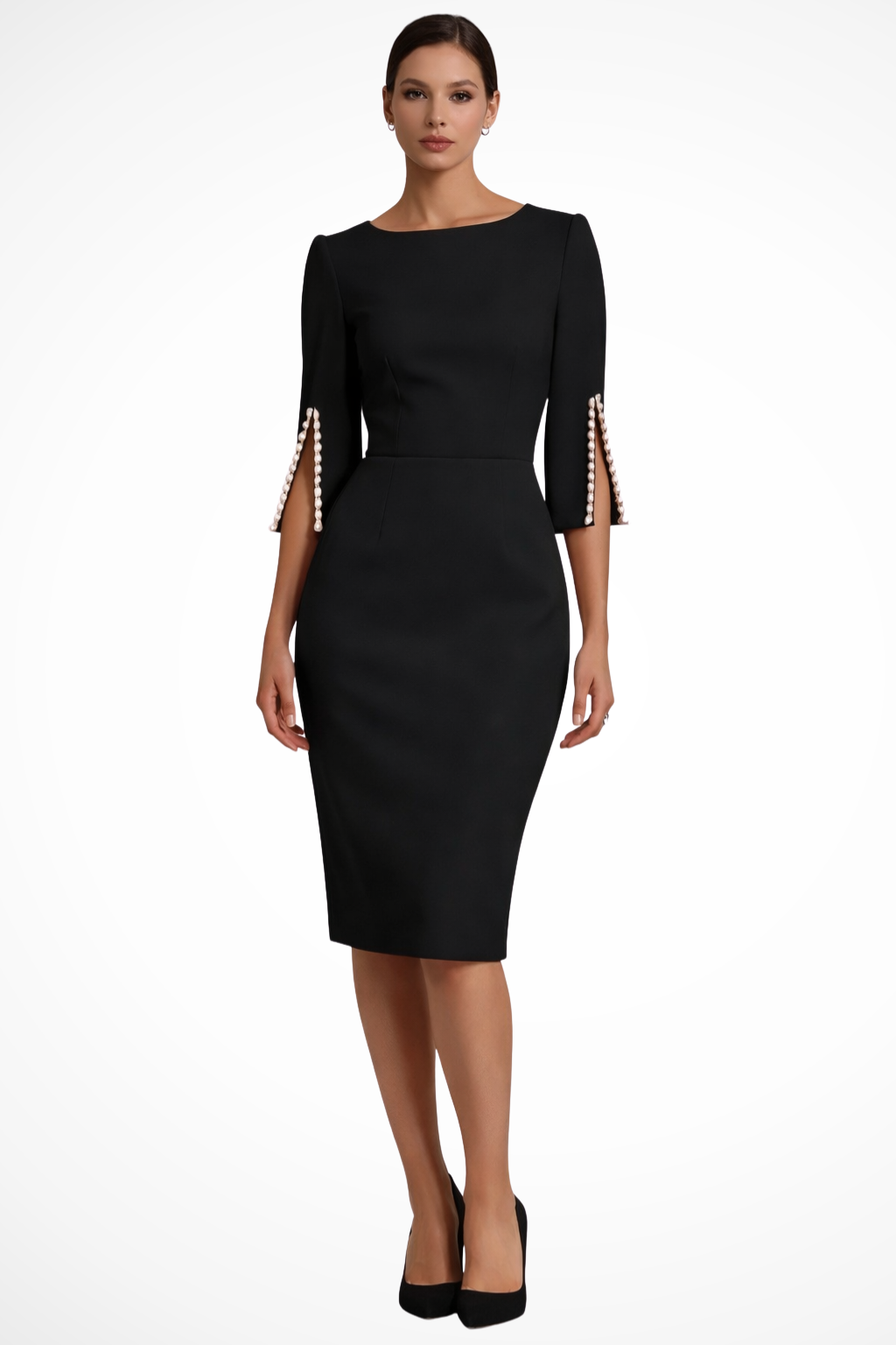 Women's Three Quarter Sleeve Midi Dress in Black