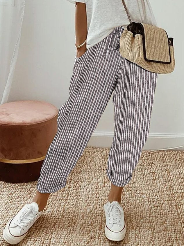 Women's Drawstring Cuffed Tapered Trousers in Grey (Striped)