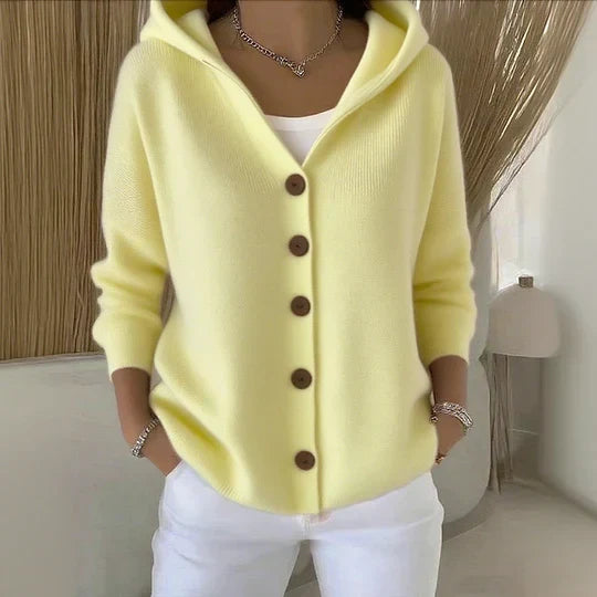 Women's Plain Knitted Hooded Button Front Cardigan