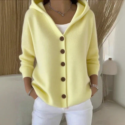 Women's Plain Knitted Hooded Button Front Cardigan