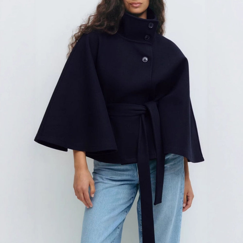 Women's Stand Collar Belted Cape Overcoat view 4