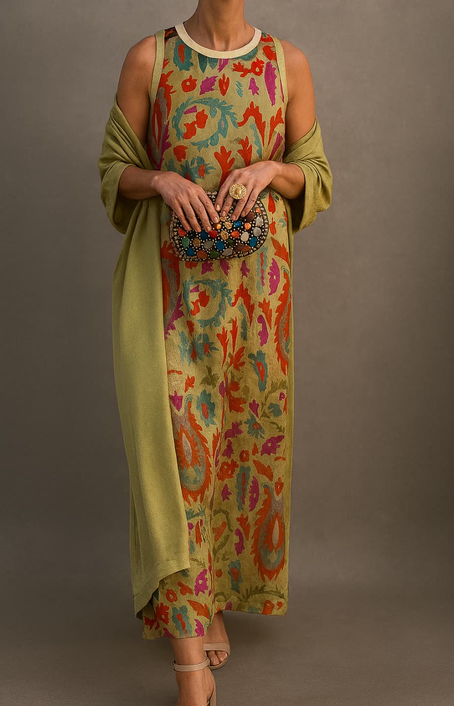 Women's Paisley Print Cold Shoulder Kaftan Midi Dress in Yellow
