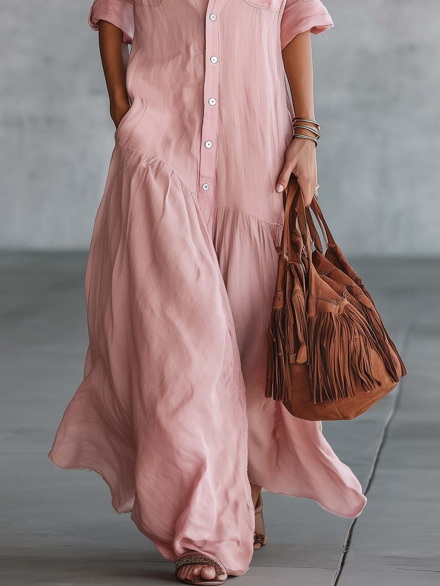 Women's V Neck Short Sleeve Vintage Maxi Dress