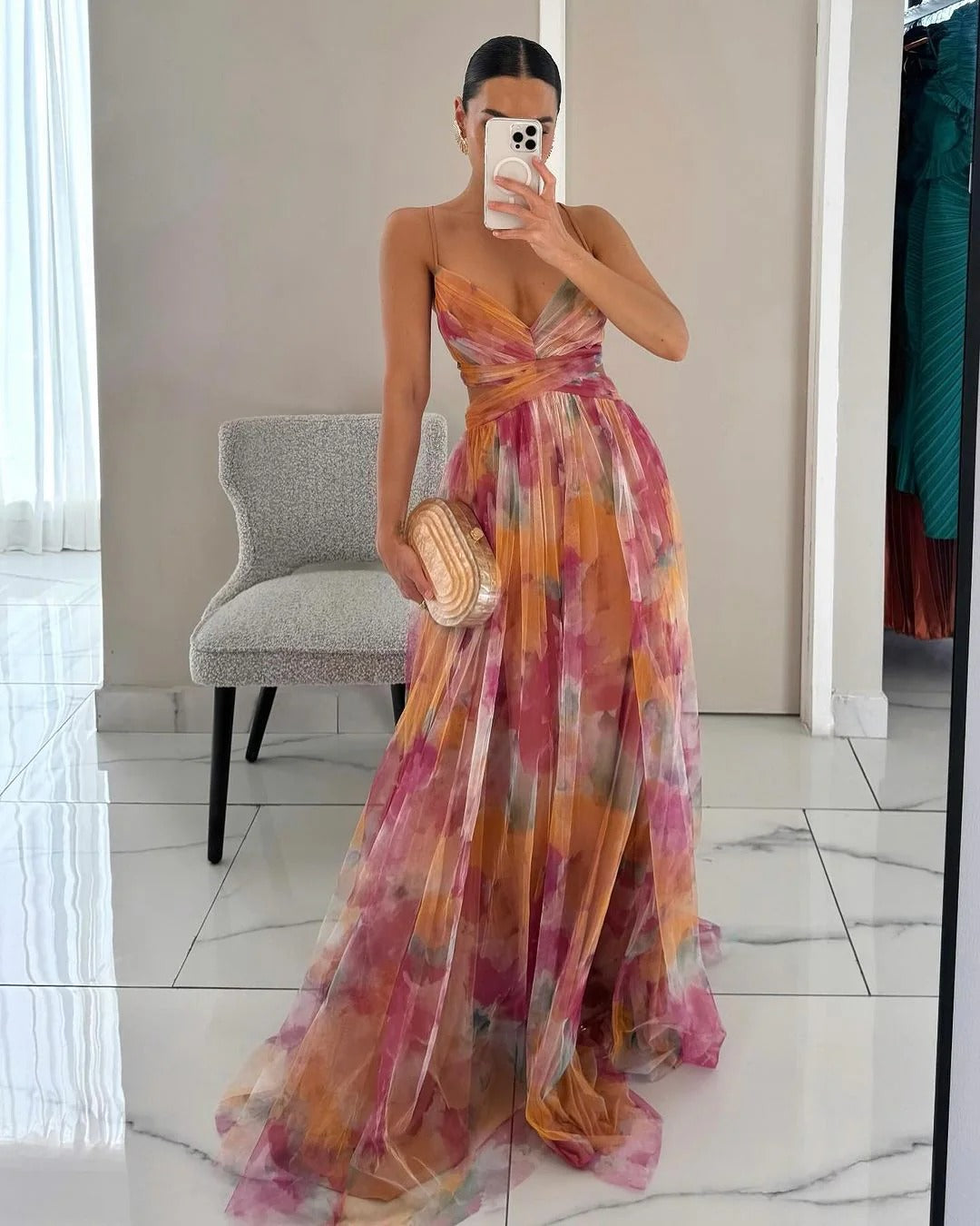 Women's Orange V Neck Wedding Guest Dress in Orange