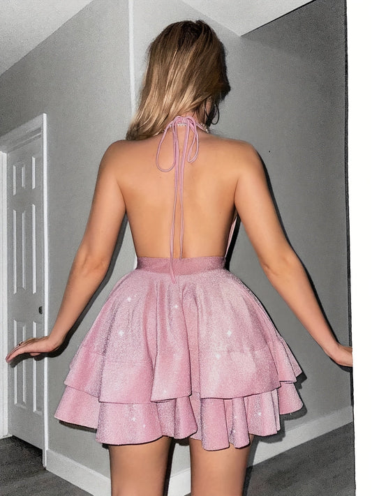 Women's Tiered Halter Neck Sequin Mini Dress