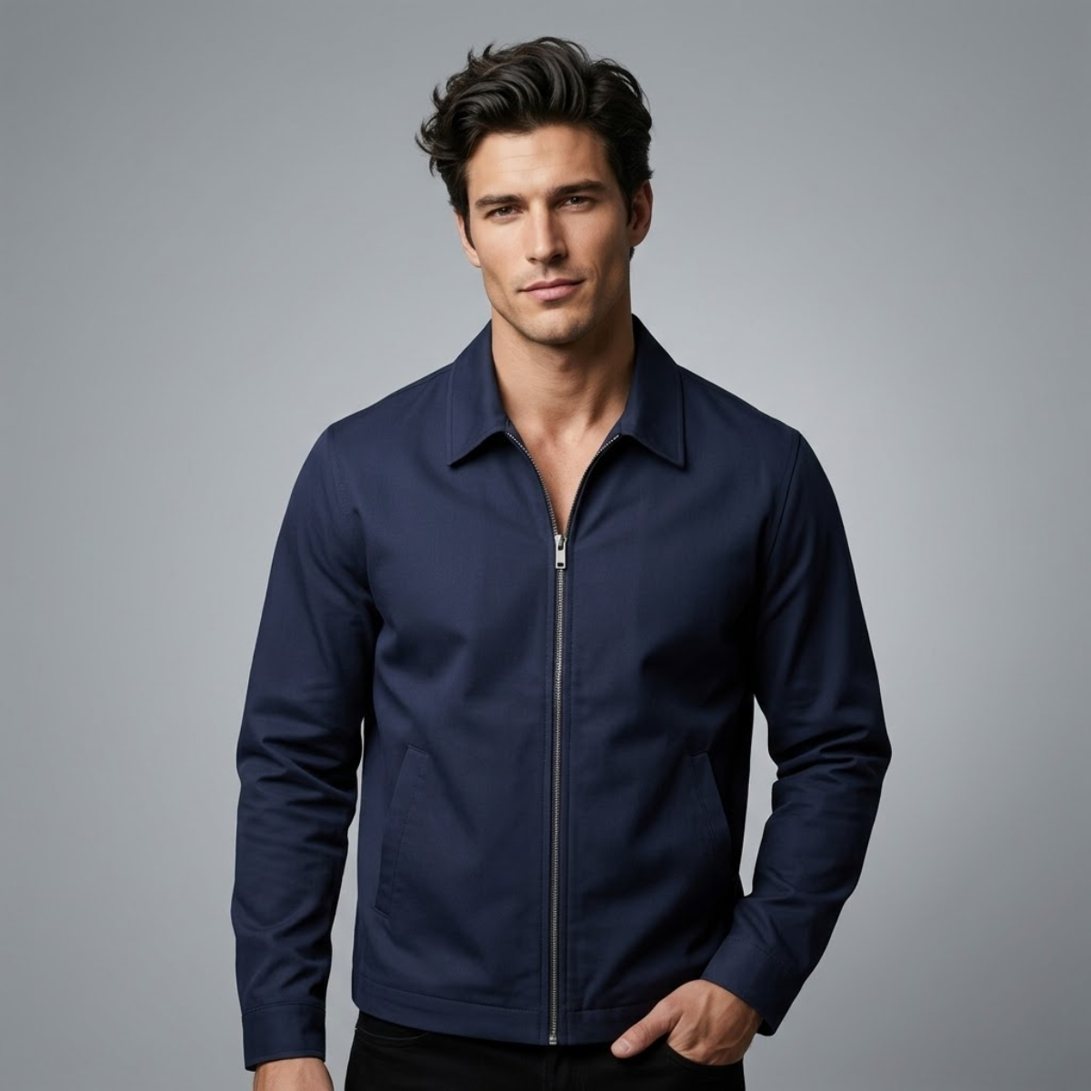 Men's Zip Up Lightweight Bomber Jacket in Navy Blue