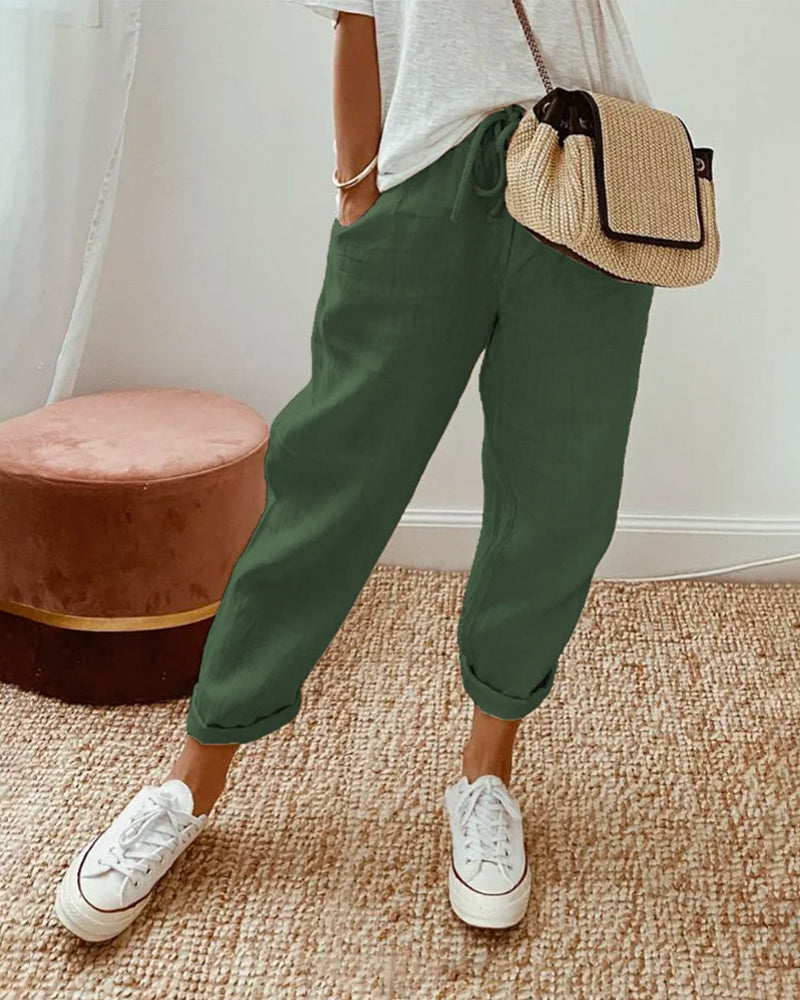 Women's Drawstring Cuffed Tapered Trousers in Green