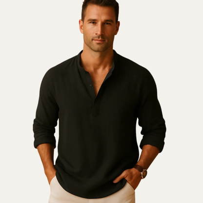 Men's Grandad Collar Roll Up Sleeve Shirt in Black