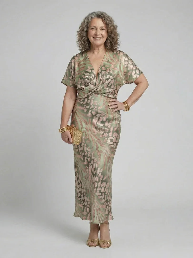 Women's Green Flutter Sleeve Wrap Front Maxi Dress